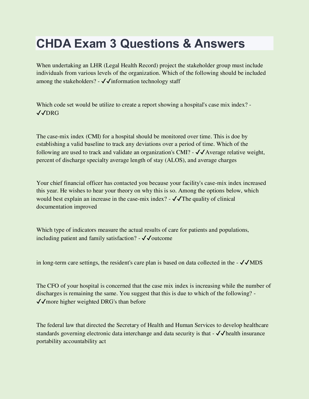 CHDA Exam 3 Questions & Answers | 150 Questions with 100% Correct